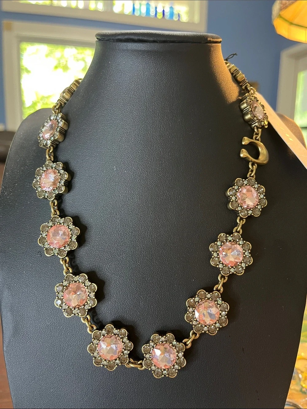 Coach Pink Crystal Floral-Link Necklace in Antiqued Gold - Picture 4 of 8